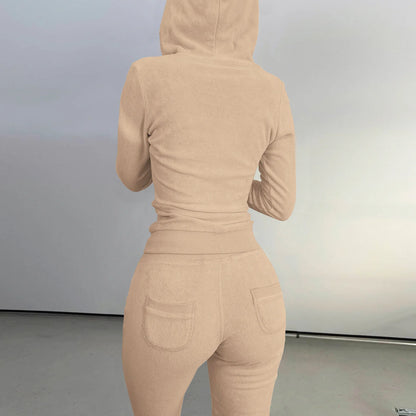 Autumn Winter Double-sided Velvet Vest 3 Piece Set For Woman's Fashion Hooded Sweatshirt Jacket Slim Pocket Trousers Female Suit