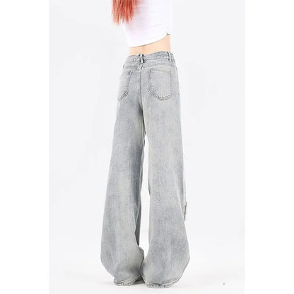 American Retro Jeans Five-point Star Raw Edge Splicing Loose Wide-leg Jeans Women Look Thin Trendy All-match Mopping Pants Women