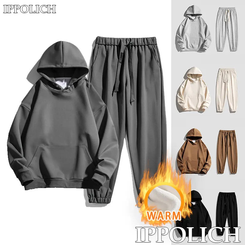 Spring Autumn Men Suit Thickened Warm Windproof Hooded Long Sleeve Trouser Solid Color Casual Sports Two Piece Running Sport Set