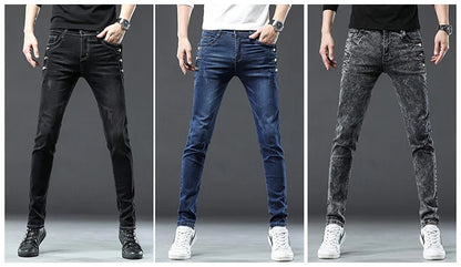 Classic Slim Vintage Fashion Men's Designer Jeans Snowflake Grey Wash Korean Fashion Stretch Pants Multi-button Denim Trousers