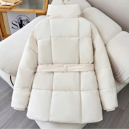 LANMREM Women's Parkas Solid Color Warm Cotton Padded Coat Jacket Belt Gathered Waist Female Fashion Winter Clothing 2DB1775