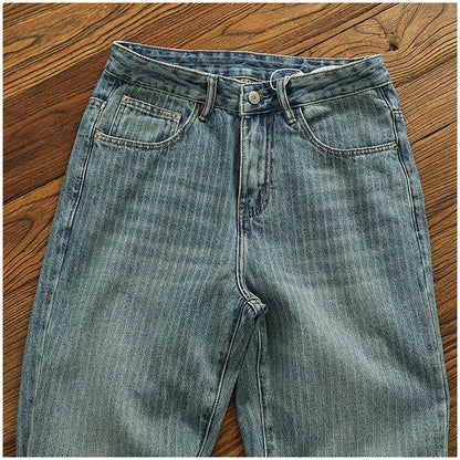Heavy chunky jeans men vintage do old wash dark vertical texture of loose straight leg denim pants