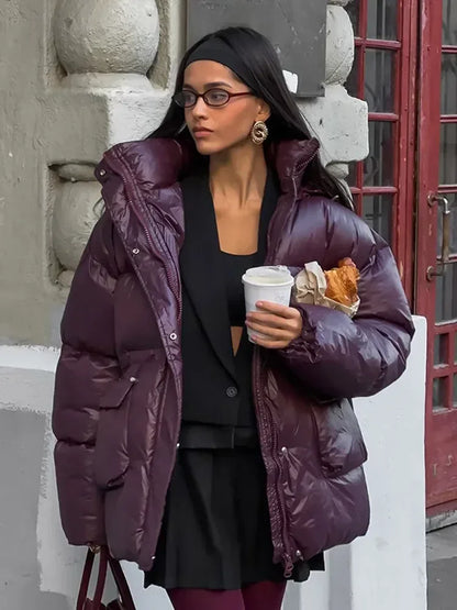 Fashion Burgundy Winter Warm Thicken Zipper Jacket Women Chic Stand Collar Pocket Cotton Coat 2024 Autumn Winter Lady Streetwear