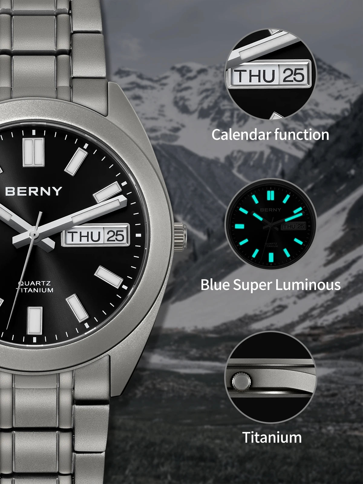 BERNY Titanium Watch for Men Supper Light Weight Wristwatch Super Luminous Sapphire 10ATM Waterproof Sport Field Quartz Watches