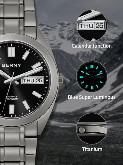 BERNY Titanium Watch for Men Supper Light Weight Wristwatch Super Luminous Sapphire 10ATM Waterproof Sport Field Quartz Watches