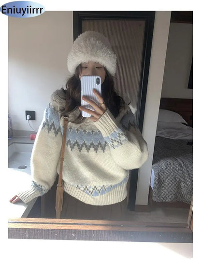 New Arrival Autumn Winter 2024 Scandinavia Lethargic Style Casual Women Tops Geometric Striped Lantern Sleeve Mock Neck Sweater