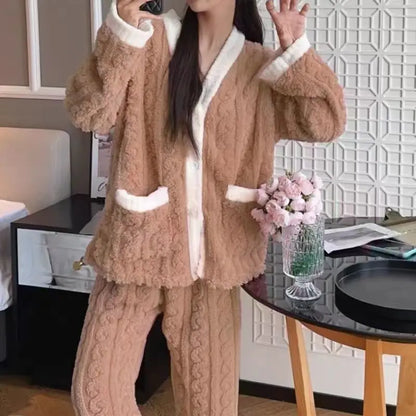 Women Velvet Pajama Set Fleecing Warm Loose Top And Elastic Waist Pants Casual Warm Woolen Suit Women 2024 Winter Men Sleepwear