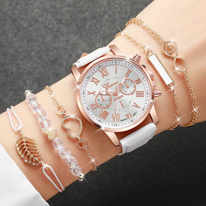 6PCS/Set Women's Watch  Fashion Roma Dial Quartz Watches Bracelets Set (Without Box)