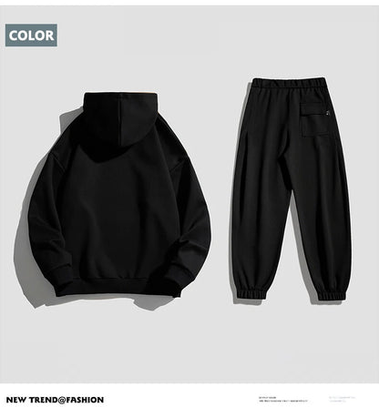 Spring Autumn Men Suit Thickened Warm Windproof Hooded Long Sleeve Trouser Solid Color Casual Sports Two Piece Running Sport Set