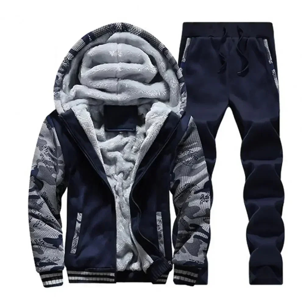 New Fleece Men Set Fashion Brand Tracksuit Lined Thick Sweatshirt + Pants Sportswear Suit Male Winter Warm Hooded Outerwear Suit