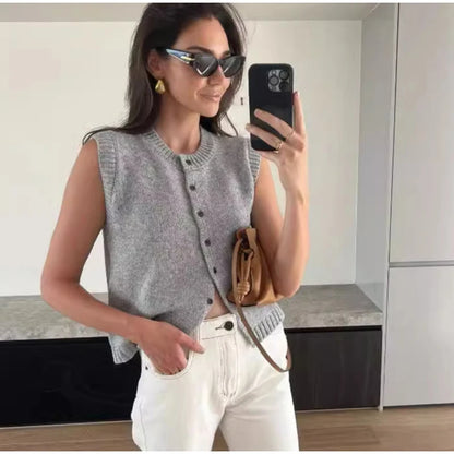 Casual Knitted Single Breasted Vest Women Loose Solid O Neck Sleeveless Female Waistcoat 2024 Autumn Lady All-match Streetwear