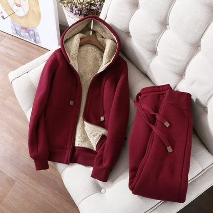 Women's Autumn Winter Plush Thickened Warm Tracksuits Casual Solid Zipper Long Sleeve Hooded Coat And Sweatpants Two Piece Sets