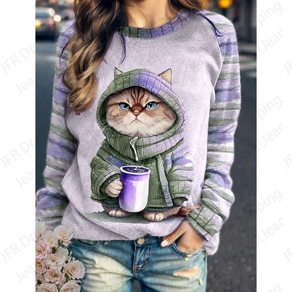 Coffee Cat 3d Print Hoodie Women Fashion Crew Neck Casual Hoodies Animal Cat Sweatshirts Girl Coats Women Sweats Female Clothes