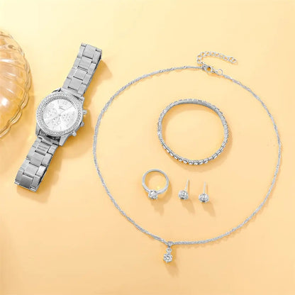 6PCS Set Luxury Watch Women Ring Necklace Earring Rhinestone Fashion Wristwatch Casual Ladies Watches Bracelet Set Clock
