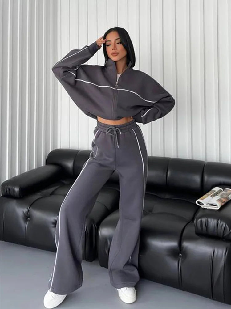 Jacket Women Tracksuit Wide Leg Pants Two Pieces Set Half High Neck Zippers Cardigan Outerwear Drawstring Pockets Matching Set