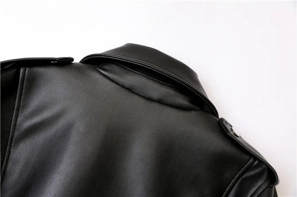 ZVRI classic black Spring and Autumn 2023 The new belt detachable epaulet motorcycle jacket leather jacket