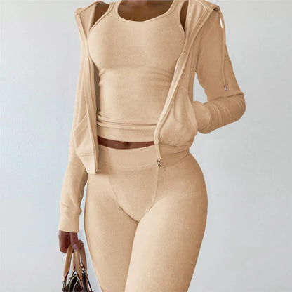 Autumn Winter Double-sided Velvet Vest 3 Piece Set For Woman's Fashion Hooded Sweatshirt Jacket Slim Pocket Trousers Female Suit