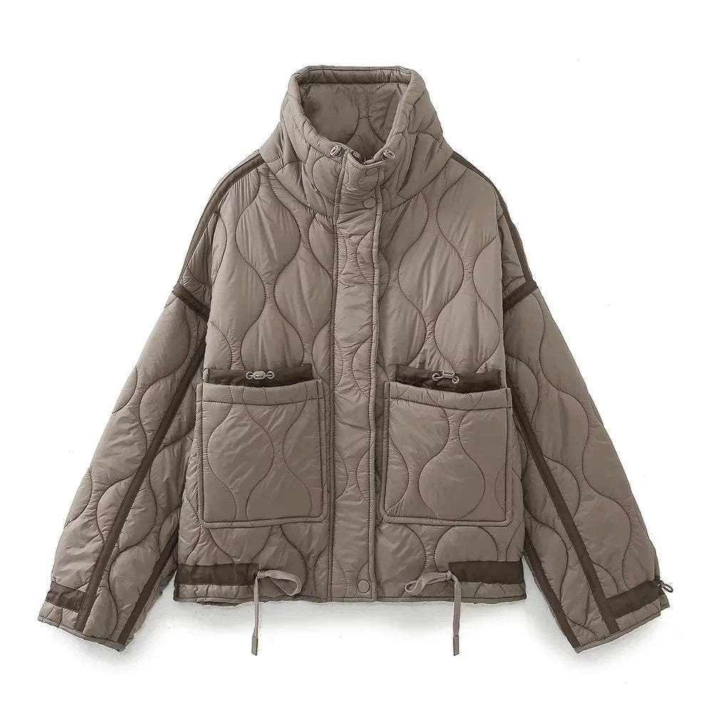 TRAFZA 2024 New Women Fashion Coat Long Sleeve Jackets With Drawstring Versatile Hight Street Outerwear Female Mujer Winter Coat
