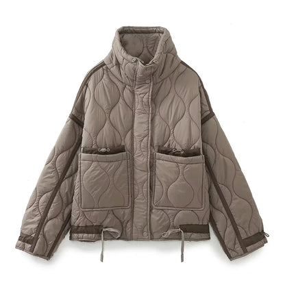 TRAFZA 2024 New Women Fashion Coat Long Sleeve Jackets With Drawstring Versatile Hight Street Outerwear Female Mujer Winter Coat