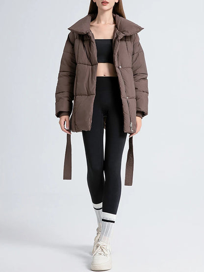 LANMREM Women's Parkas Solid Color Warm Cotton Padded Coat Jacket Belt Gathered Waist Female Fashion Winter Clothing 2DB1775