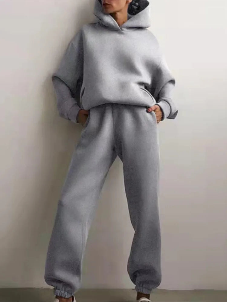 Autumn Winter Casual Thickened Sports Hooded Sweatshirt Trousers Suit Women's Fashion Loose Pocket Female Trousers 2 Pieces Set