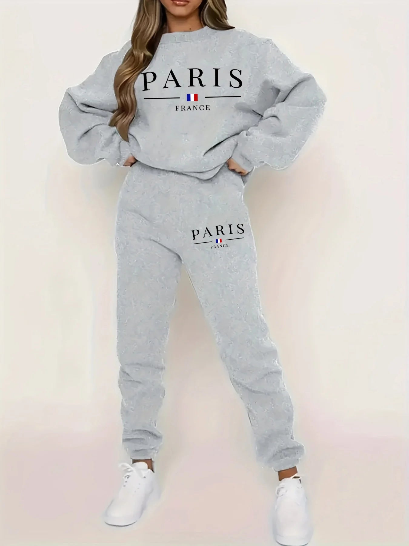 Women's Autumn/Winter Hip Hop Casual Street Paris French Pattern Printed Round Neck Sweatshirt+Sweatpants Warm Set