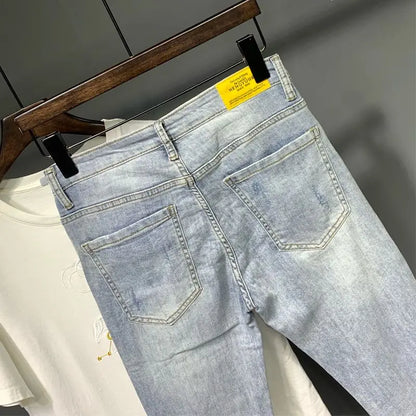 Summer Autumn Korean Designer Luxury Clothing Embroidered Slim Pencil Jeans Men Vintage Washed Casual Streetwear Cotton Trousers