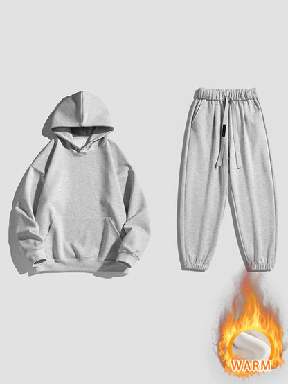 Spring Autumn Men Suit Thickened Warm Windproof Hooded Long Sleeve Trouser Solid Color Casual Sports Two Piece Running Sport Set