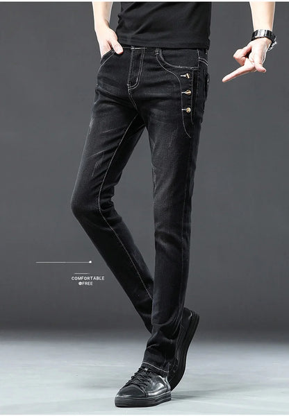 Classic Slim Vintage Fashion Men's Designer Jeans Snowflake Grey Wash Korean Fashion Stretch Pants Multi-button Denim Trousers