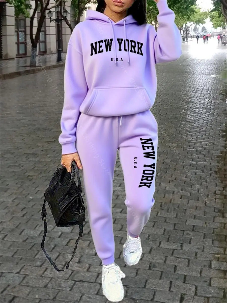 NEW YORK Women Sweatsuit Autumn Winter Two Piece Set Hoodie Pants High quality Loose Fashion Streetwear Ladies Tracksuit Outfits