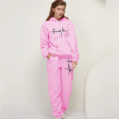 Women's Casual Tracksuit 2pcs Set Hoodie and Sweatpants Faith Printed Sportswear High Quality Ladies Home Outdoor Fashion Outfit