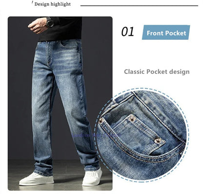 Straight Jeans Tall Guys Students Casual Plus Size 40 Loose Stretched Classic Extra Long Pants Overlong Lengthen Denim Trousers