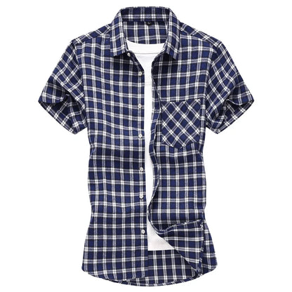 Striped Plaid Short-sleeved Shirt Men's Single-breasted Square Collar Cotton Shirts Summer Fashion Casual Camisa Men Chemise 7XL
