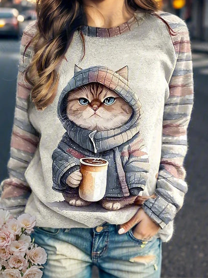 Coffee Cat 3d Print Hoodie Women Fashion Crew Neck Casual Hoodies Animal Cat Sweatshirts Girl Coats Women Sweats Female Clothes