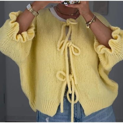 Bow Lace Up Hollow Out Knitted Cardigan  for Women