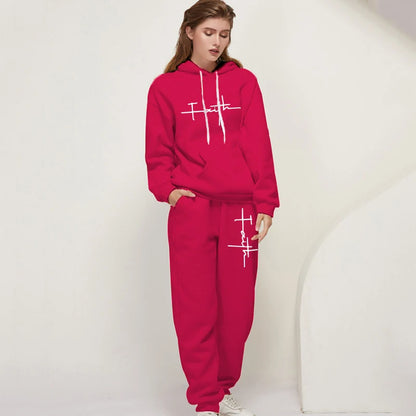 Women's Casual Tracksuit 2pcs Set Hoodie and Sweatpants Faith Printed Sportswear High Quality Ladies Home Outdoor Fashion Outfit