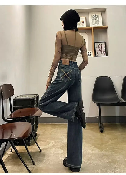 High-waisted Wide-leg Jeans Women's Autumn Winter Petite Fleece-lined Slimming Loose-fit Draped Concrete Grey Straight-leg Pants