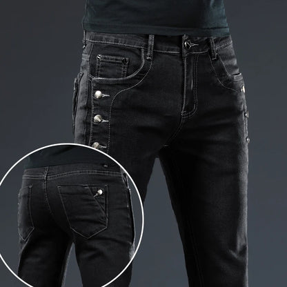 Classic Slim Vintage Fashion Men's Designer Jeans Snowflake Grey Wash Korean Fashion Stretch Pants Multi-button Denim Trousers