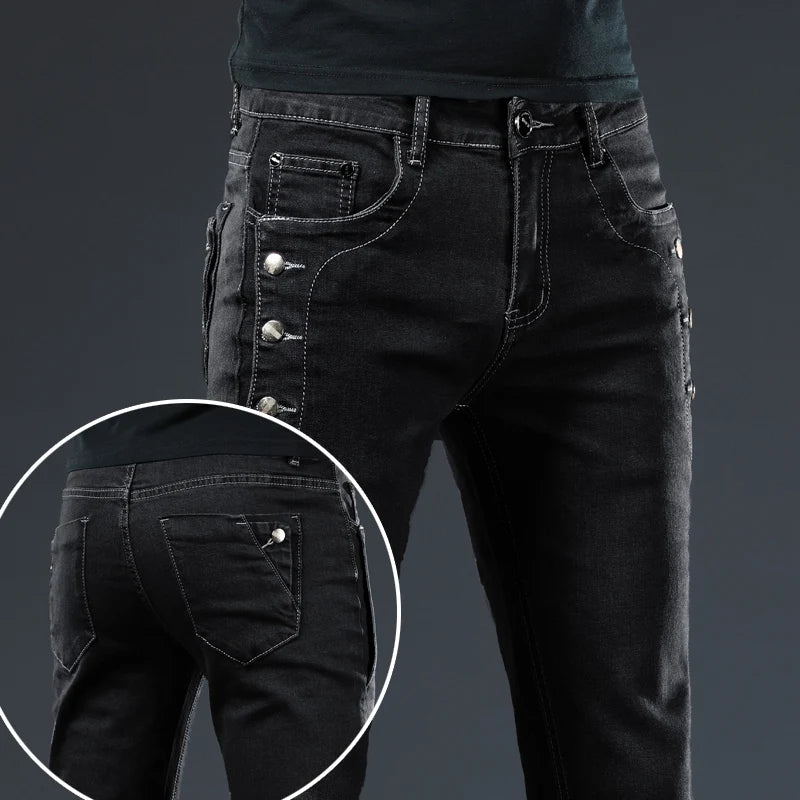 Classic Slim Vintage Fashion Men's Designer Jeans Snowflake Grey Wash Korean Fashion Stretch Pants Multi-button Denim Trousers