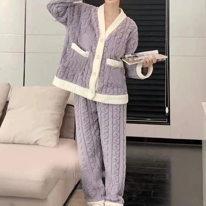 Women Velvet Pajama Set Fleecing Warm Loose Top And Elastic Waist Pants Casual Warm Woolen Suit Women 2024 Winter Men Sleepwear