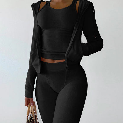 Autumn Winter Double-sided Velvet Vest 3 Piece Set For Woman's Fashion Hooded Sweatshirt Jacket Slim Pocket Trousers Female Suit