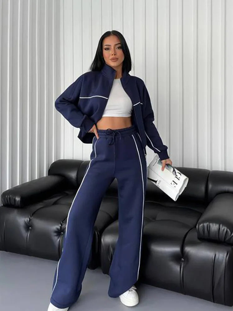 Jacket Women Tracksuit Wide Leg Pants Two Pieces Set Half High Neck Zippers Cardigan Outerwear Drawstring Pockets Matching Set