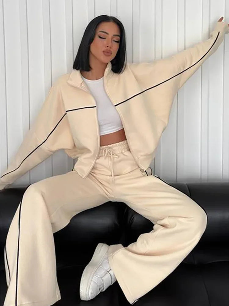 Jacket Women Tracksuit Wide Leg Pants Two Pieces Set Half High Neck Zippers Cardigan Outerwear Drawstring Pockets Matching Set