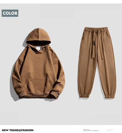 Spring Autumn Men Suit Thickened Warm Windproof Hooded Long Sleeve Trouser Solid Color Casual Sports Two Piece Running Sport Set