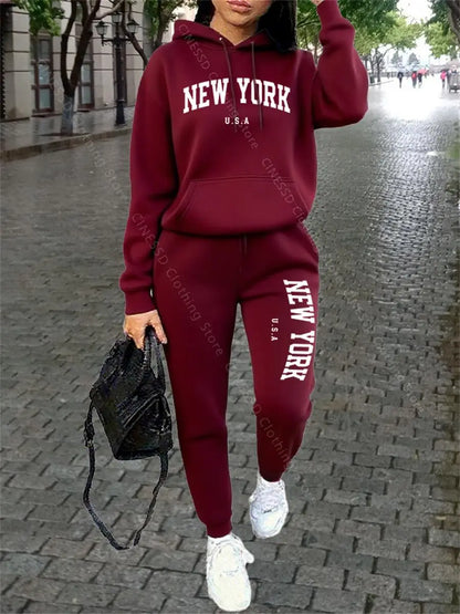 NEW YORK Women Sweatsuit Autumn Winter Two Piece Set Hoodie Pants High quality Loose Fashion Streetwear Ladies Tracksuit Outfits