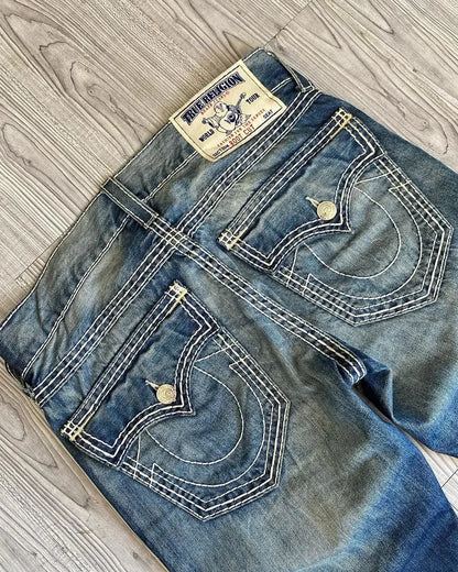 Y2K New Blue Jeans with Retro Pocket Embroidery Design for Men's Women's Street Hip Hop Harajuku High Waist Wide Leg Loose Pants