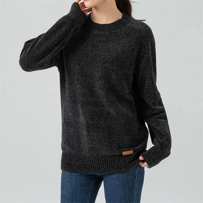 Chenille Sweater for Women O Neck Pullovers Ribbed Cuff Long Sleeve Knitted Tops Women Solid Sweater 2024 Cozy Sweaters Jumpers
