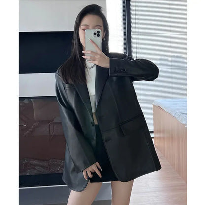 Korean Black Leather Jacket Women Streetwear Loose Formal Leather Blazers Female Fashion Trend Chic Punk Leather Jacket 2023 New