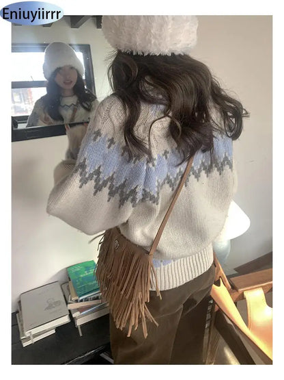 New Arrival Autumn Winter 2024 Scandinavia Lethargic Style Casual Women Tops Geometric Striped Lantern Sleeve Mock Neck Sweater
