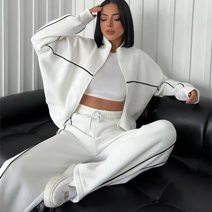 Jacket Women Tracksuit Wide Leg Pants Two Pieces Set Half High Neck Zippers Cardigan Outerwear Drawstring Pockets Matching Set